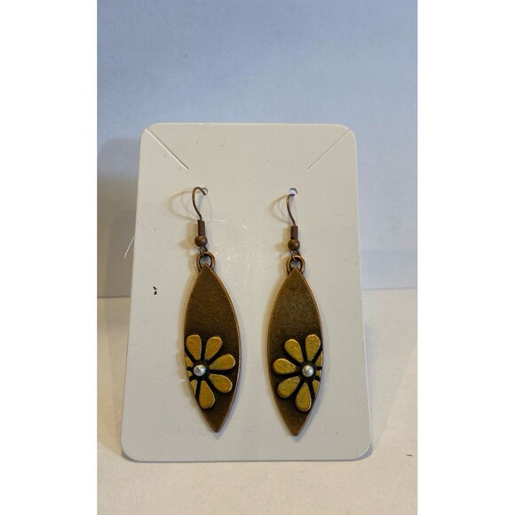 Earrings Metal Bronze Look w/ Gold Flower Daisy Dangle Long Oval Boho Chic - Picture 1 of 7